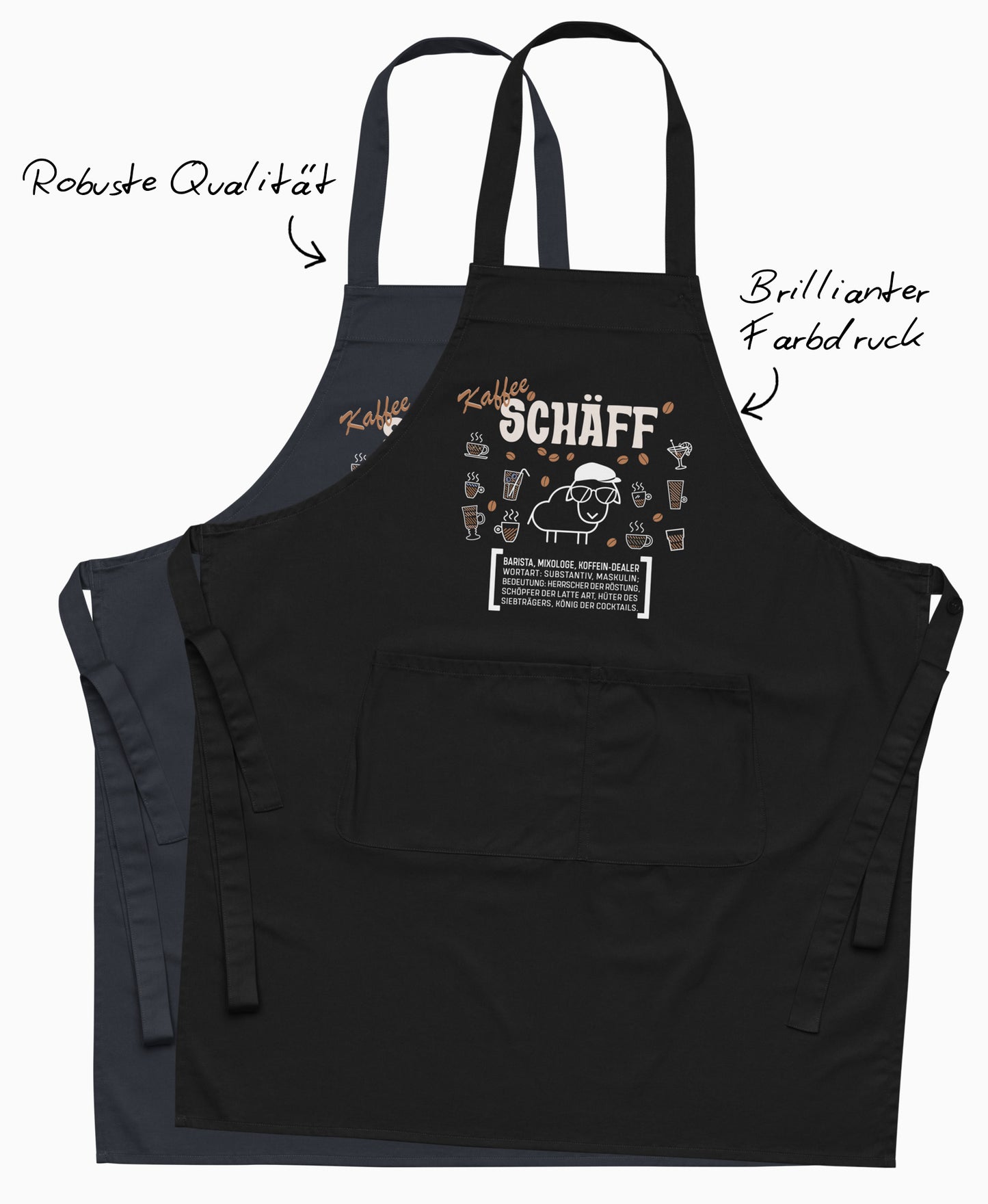Qualitäts-Highlights der Kaffee SCHÄFF Schürze in Schwarz und Dunkelblau mit Hinweisen auf robuste Stoffqualität und brillanten Farbdruck.