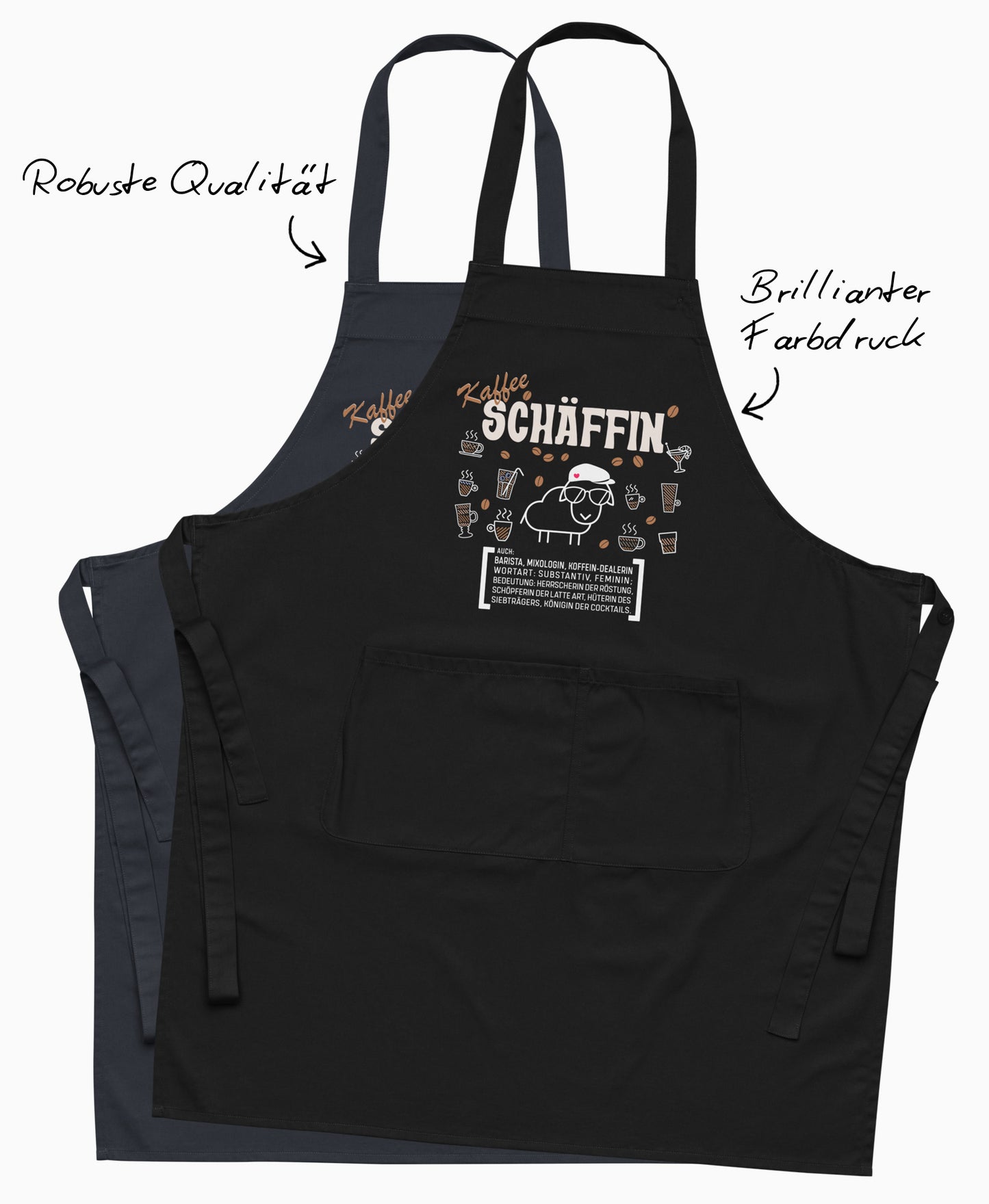 Qualitäts-Highlights der Kaffee SCHÄFFIN Schürze in Schwarz und Dunkelblau mit Hinweisen auf robuste Stoffqualität und brillanten Farbdruck.