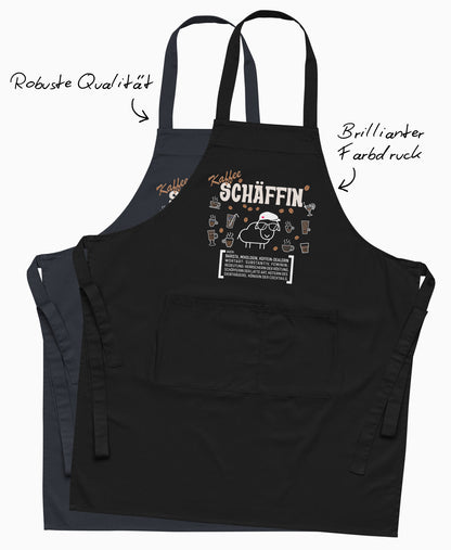 Qualitäts-Highlights der Kaffee SCHÄFFIN Schürze in Schwarz und Dunkelblau mit Hinweisen auf robuste Stoffqualität und brillanten Farbdruck.