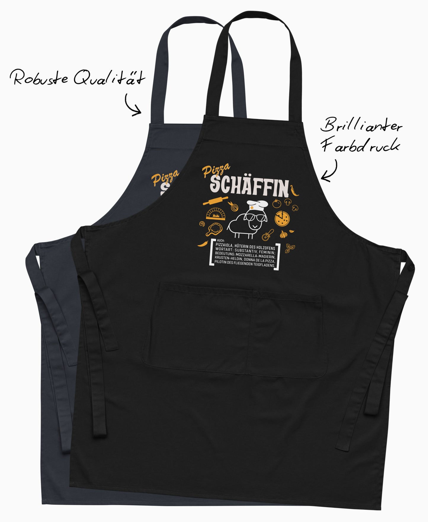 Qualitäts-Highlights der Pizza SCHÄFFIN Schürze in Schwarz und Dunkelblau mit Hinweisen auf robuste Stoffqualität und brillanten Farbdruck.