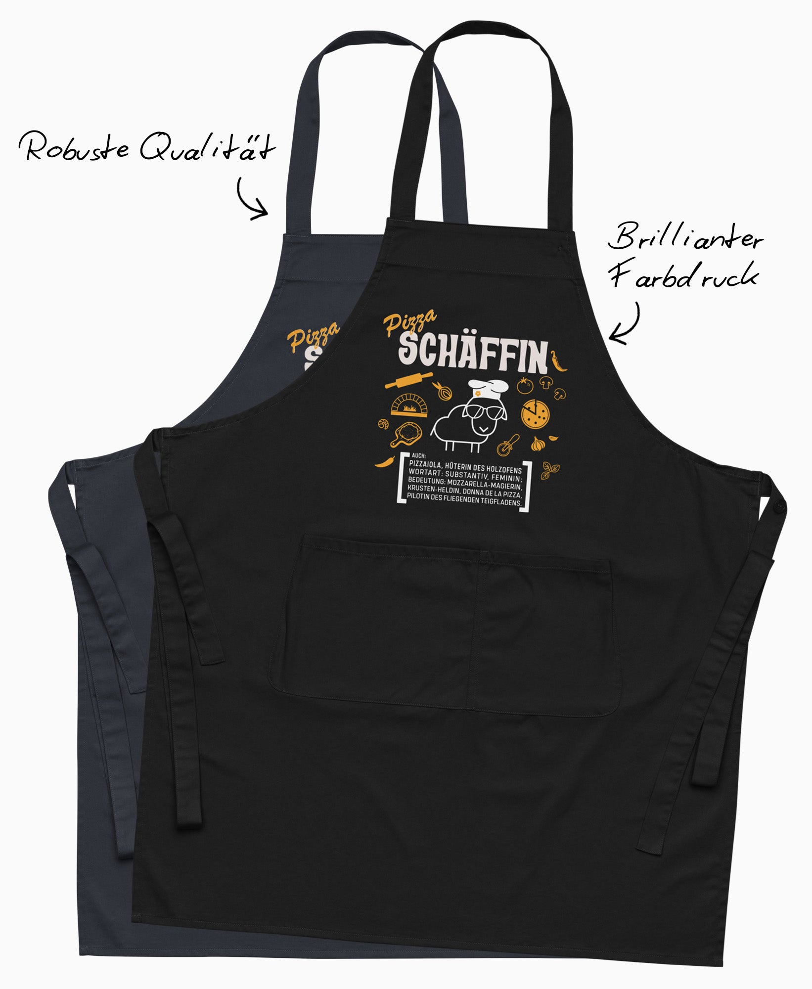 Qualitäts-Highlights der Pizza SCHÄFFIN Schürze in Schwarz und Dunkelblau mit Hinweisen auf robuste Stoffqualität und brillanten Farbdruck.