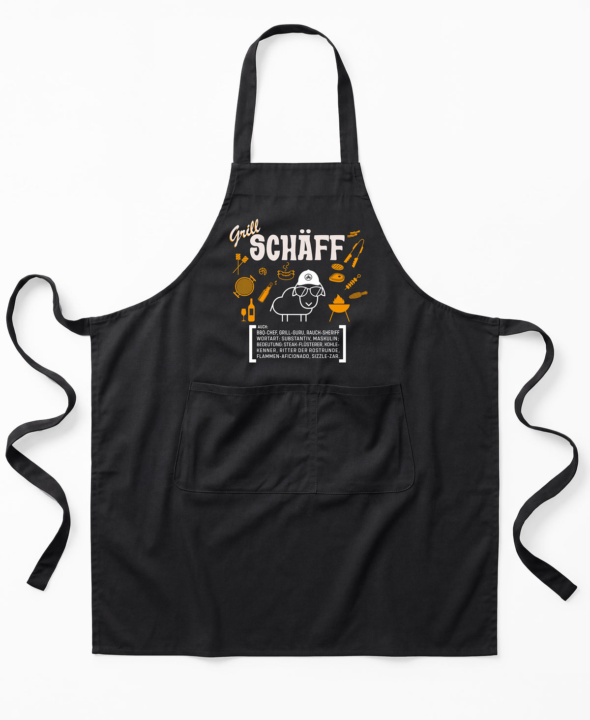 Schwarze Premium SCHÄFF – Grill Chef Schürze aus Bio-Baumwolle mit witzigem Wörterbuch-Design und zwei großen Vordertaschen.
