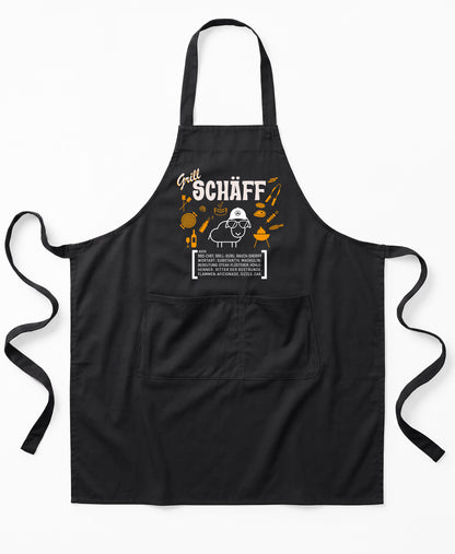 Schwarze Premium SCHÄFF – Grill Chef Schürze aus Bio-Baumwolle mit witzigem Wörterbuch-Design und zwei großen Vordertaschen.