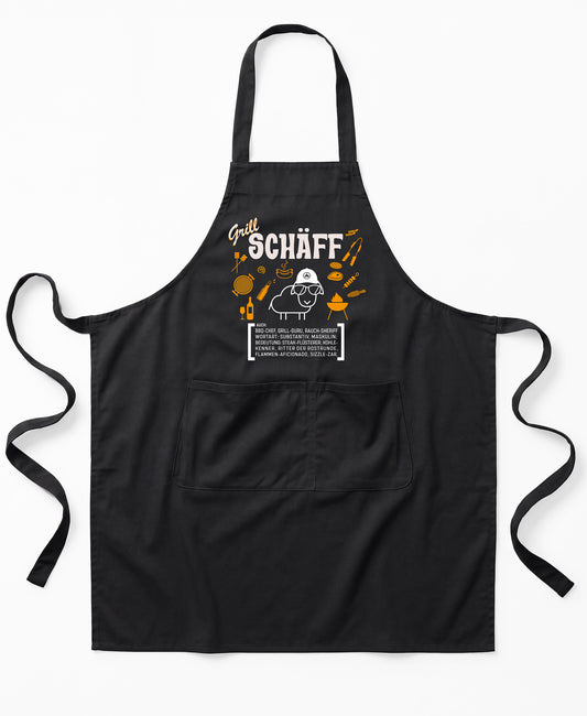 Schwarze Premium SCHÄFF – Grill Chef Schürze aus Bio-Baumwolle mit witzigem Wörterbuch-Design und zwei großen Vordertaschen.
