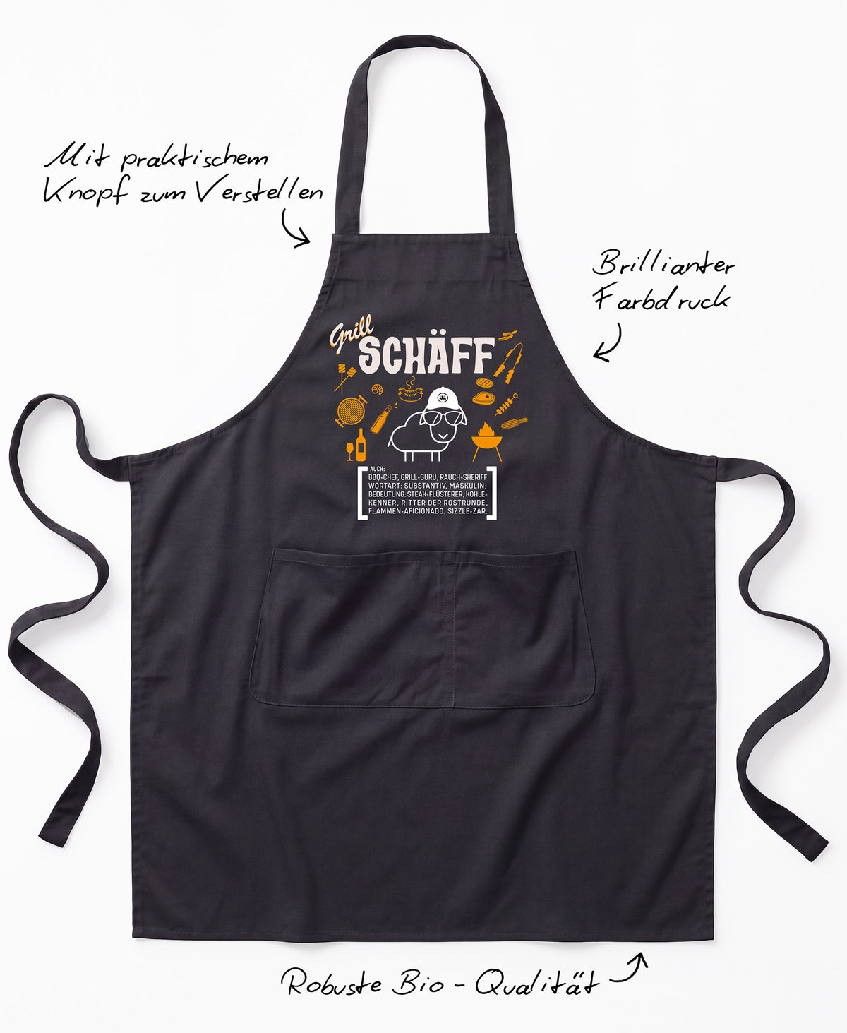 Produkt-Features der SCHÄFF – Grillschürze für den Chef: Latzschürze mit verstellbarem Träger (Knopf), brillanter Farbdruck und Robuste Bio-Qualität.