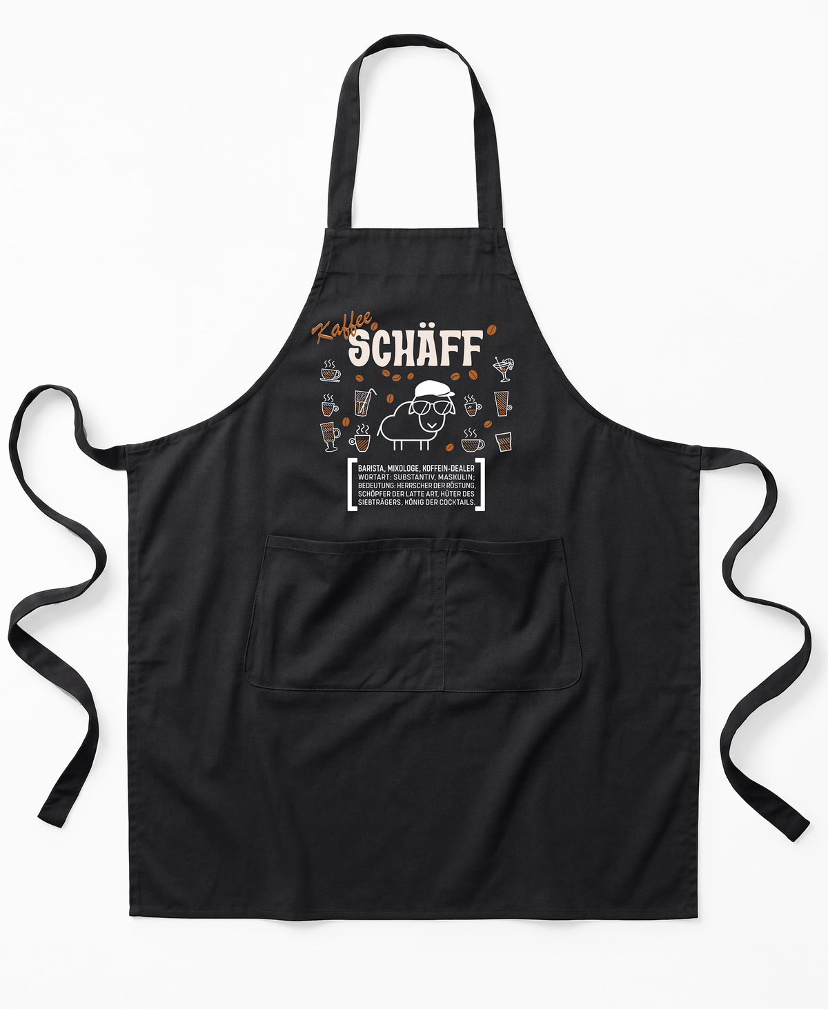 Schwarze Premium SCHÄFF – Kaffee Chef Schürze aus Bio-Baumwolle mit witzigem Wörterbuch-Design und zwei großen Vordertaschen.