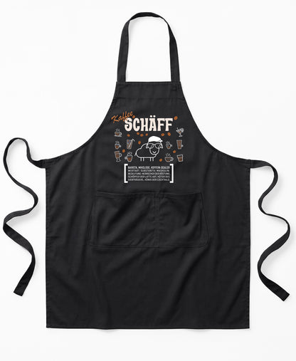 Schwarze Premium SCHÄFF – Kaffee Chef Schürze aus Bio-Baumwolle mit witzigem Wörterbuch-Design und zwei großen Vordertaschen.