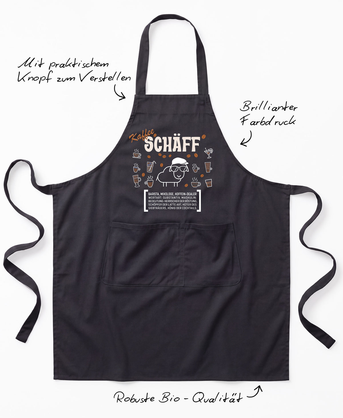 Produkt-Features der SCHÄFF – Kaffee Chef Schürze: Latzschürze mit verstellbarem Träger (Knopf), brillanter Farbdruck und Robuste Bio-Qualität.