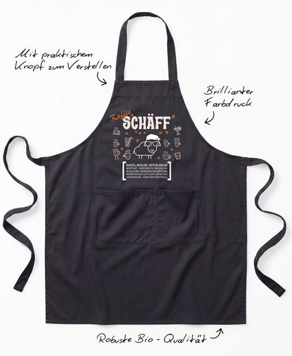 Produkt-Features der SCHÄFF – Kaffee Chef Schürze: Latzschürze mit verstellbarem Träger (Knopf), brillanter Farbdruck und Robuste Bio-Qualität.