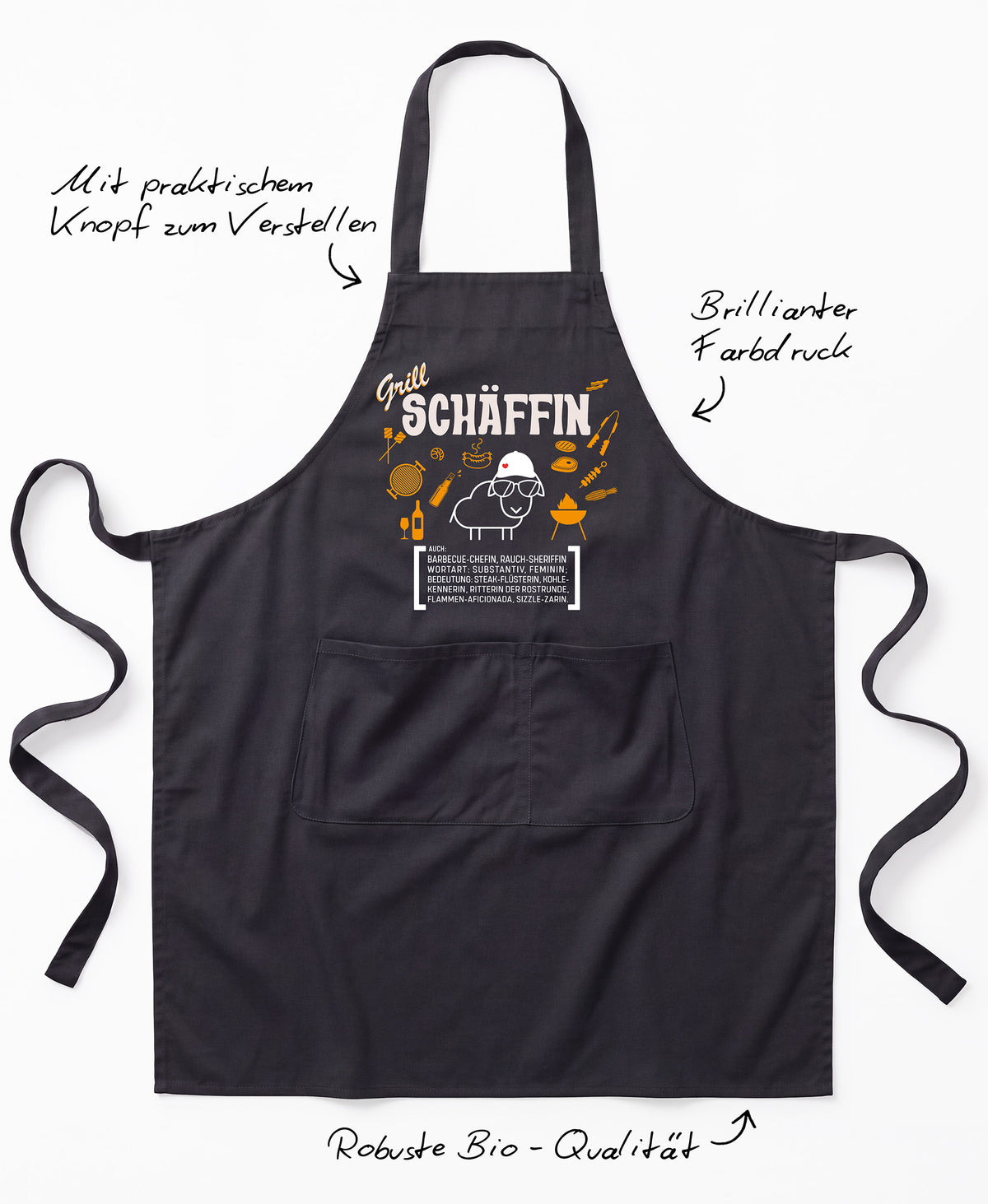 Produkt-Features der SCHÄFFIN – Grillschürze für die Chefin: Latzschürze mit verstellbarem Träger (Knopf), brillanter Farbdruck und Robuste Bio-Qualität.