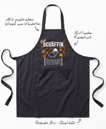 Produkt-Features der SCHÄFFIN – Grillschürze für die Chefin: Latzschürze mit verstellbarem Träger (Knopf), brillanter Farbdruck und Robuste Bio-Qualität.
