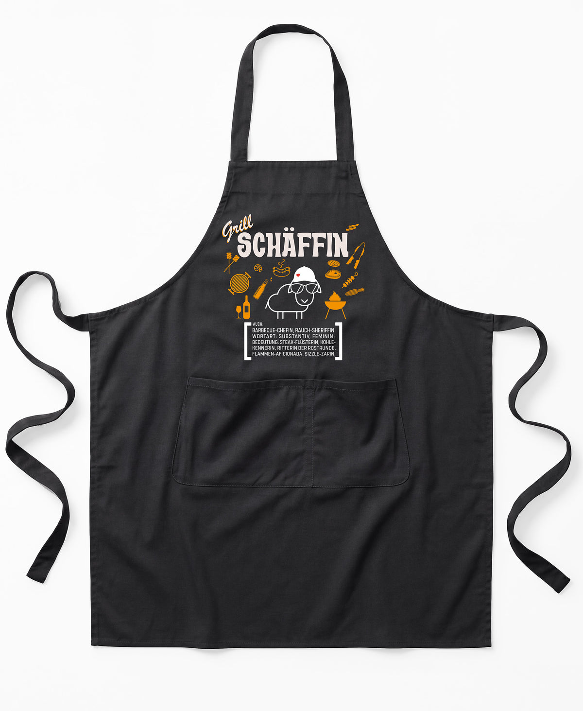 Schwarze Premium SCHÄFFIN – Grill Chefin Schürze aus Bio-Baumwolle mit witzigem Wörterbuch-Design und zwei großen Vordertaschen.