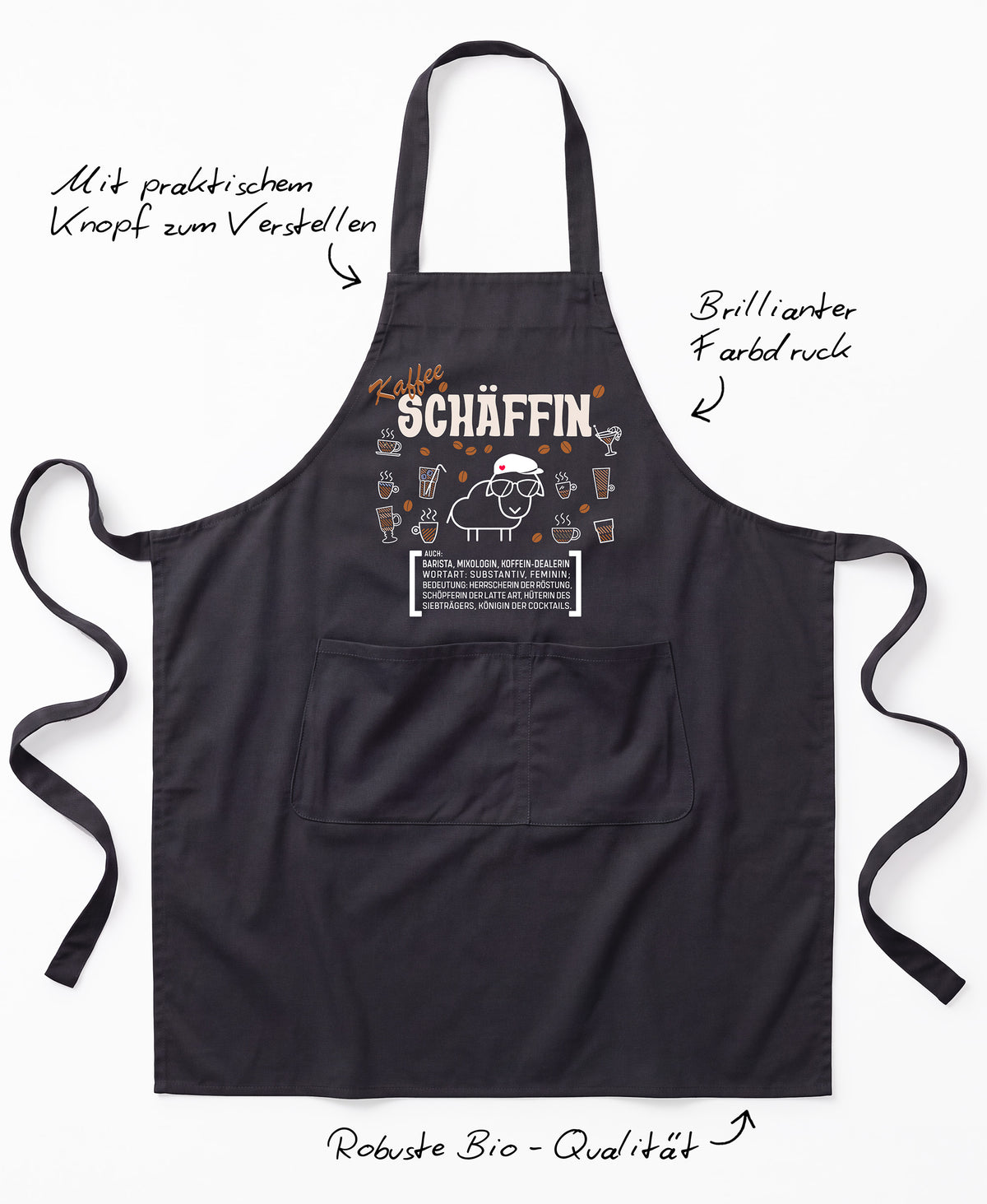 Produkt-Features der SCHÄFFIN – Kaffee Chefin Schürze: Latzschürze mit verstellbarem Träger (Knopf), brillanter Farbdruck und Robuste Bio-Qualität.