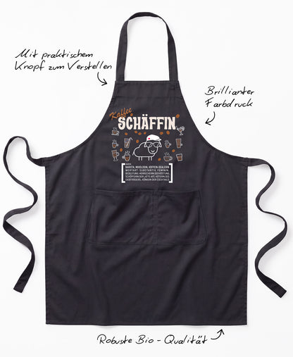 Produkt-Features der SCHÄFFIN – Kaffee Chefin Schürze: Latzschürze mit verstellbarem Träger (Knopf), brillanter Farbdruck und Robuste Bio-Qualität.