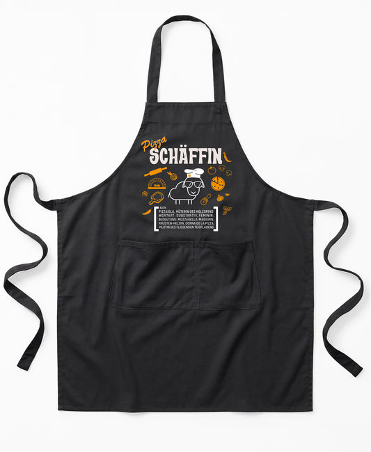 Schwarze Premium SCHÄFFIN – Pizza Chefin Schürze aus Bio-Baumwolle mit witzigem Wörterbuch-Design und zwei großen Vordertaschen.