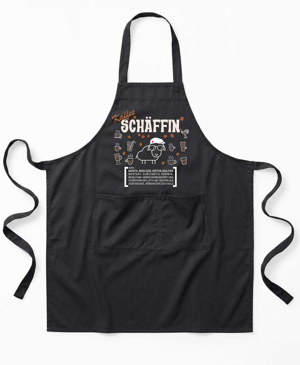 Schwarze Premium SCHÄFFIN – Kaffee Chefin Schürze aus Bio-Baumwolle mit witzigem Wörterbuch-Design und zwei großen Vordertaschen.
