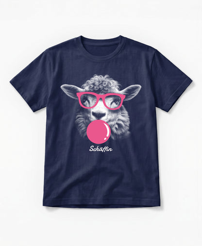 SCHÄFFIN T-Shirt Tier mit rosa Kaugummi  und rosa Brille – lustiges Schaf, in Farbe Navy