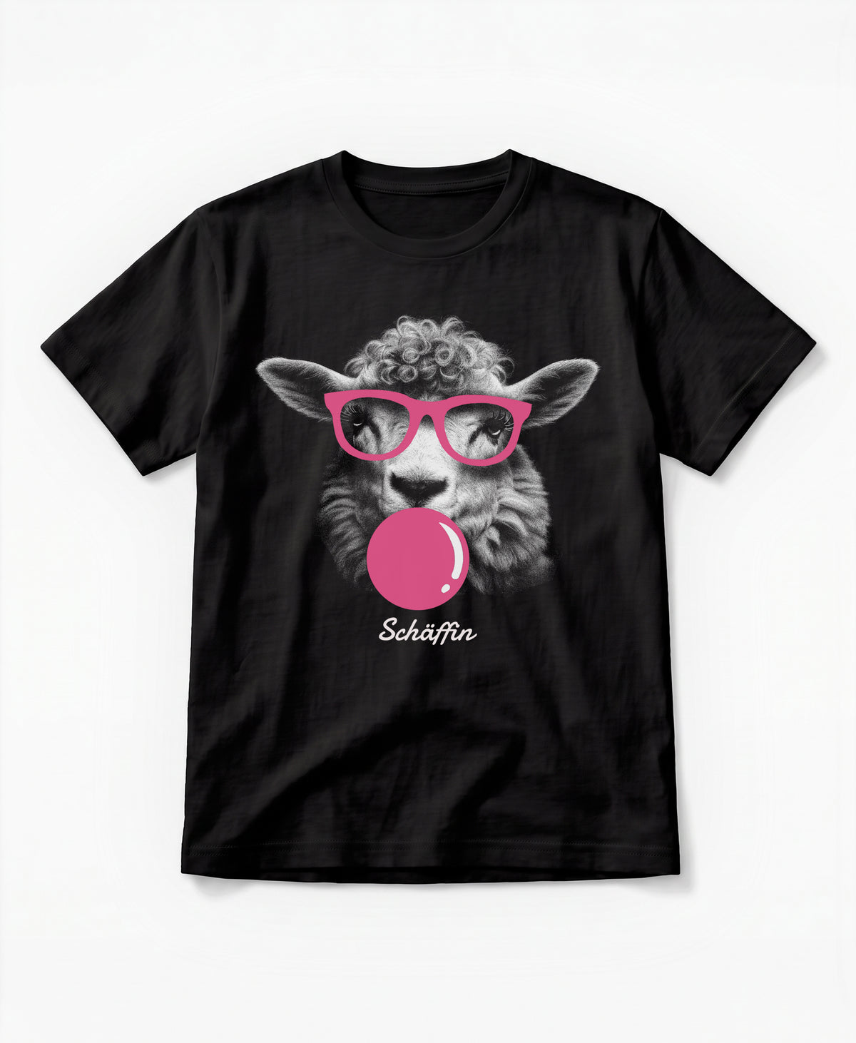 SCHÄFFIN T-Shirt Tier mit rosa Kaugummi  und rosa Brille – lustiges Schaf, Schwarz