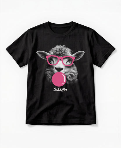 SCHÄFFIN T-Shirt Tier mit rosa Kaugummi  und rosa Brille – lustiges Schaf, Schwarz