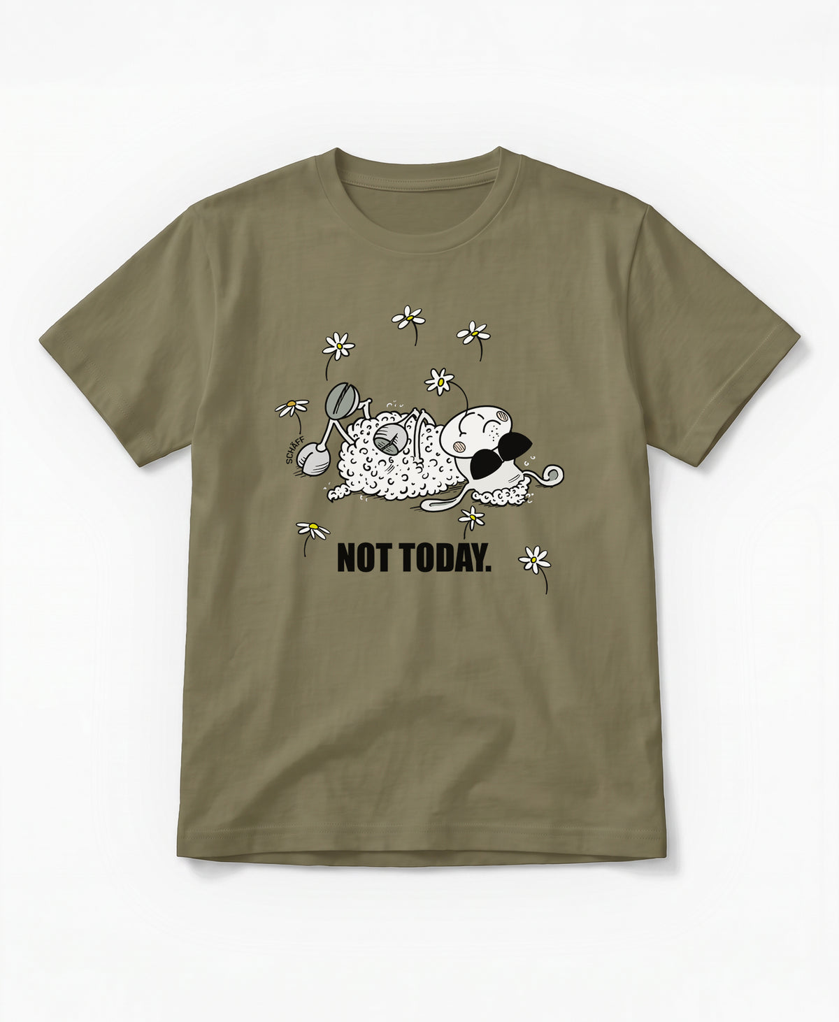 SCHÄFF Not Today Schaf Bio T-Shirt mit Comic Schaf und Sonnenbrille in Khakigrün