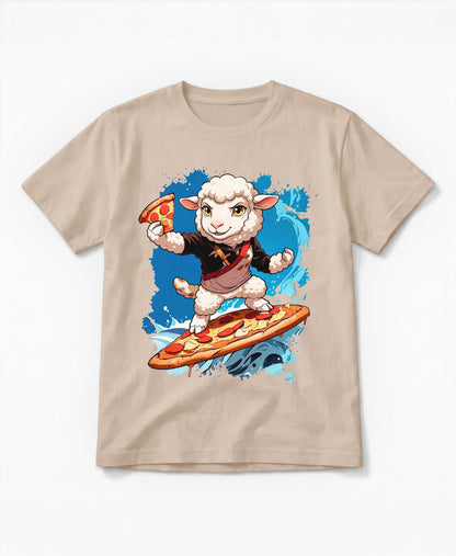 SCHÄFF Bio Baumwolle T-Shirt – Lustiges Schaf surft auf einer Pizza, Farbe Beige
