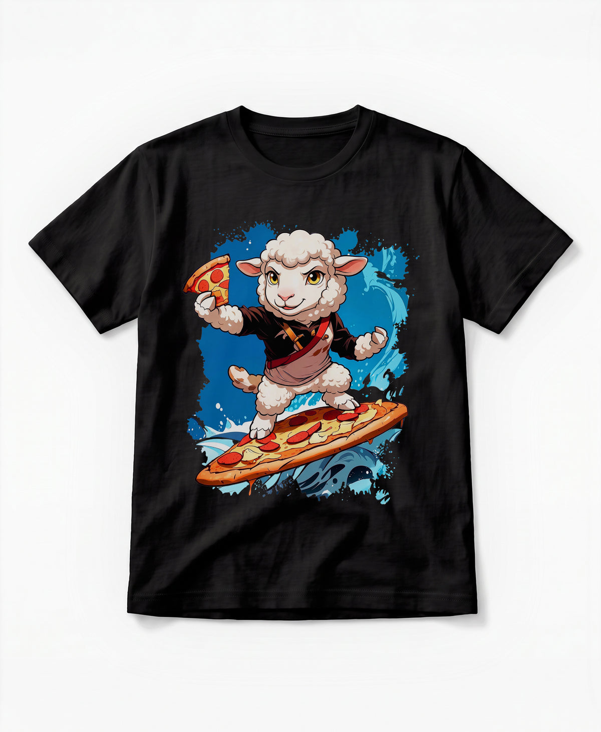 SCHÄFF Bio Baumwolle T-Shirt – Lustiges Schaf surft auf einer Pizza, Farbe Schwarz