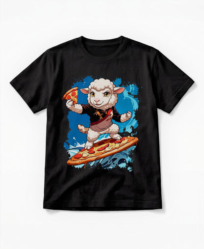 SCHÄFF Bio Baumwolle T-Shirt – Lustiges Schaf surft auf einer Pizza, Farbe Schwarz