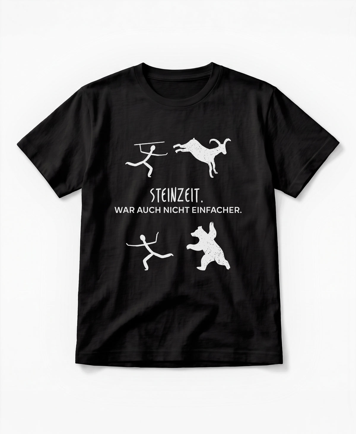 SCHÄFF Steinzeit war auch nicht einfacher Bio T-Shirt in Schwarz, mit lustigen Zeichnungen einer Höhlenmalerei
