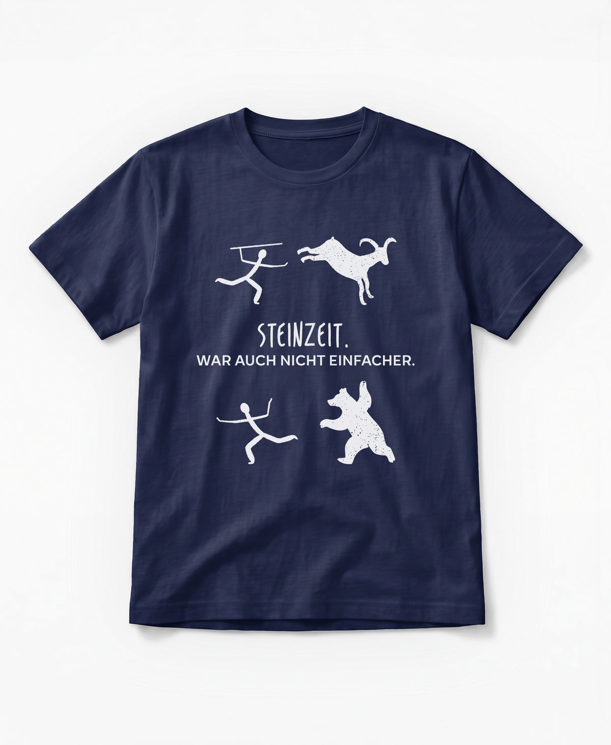 SCHÄFF Steinzeit war auch nicht einfacher Bio T-Shirt in Farbe French Navy, mit lustigen Zeichnungen einer Höhlenmalerei