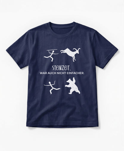 SCHÄFF Steinzeit war auch nicht einfacher Bio T-Shirt in Farbe French Navy, mit lustigen Zeichnungen einer Höhlenmalerei