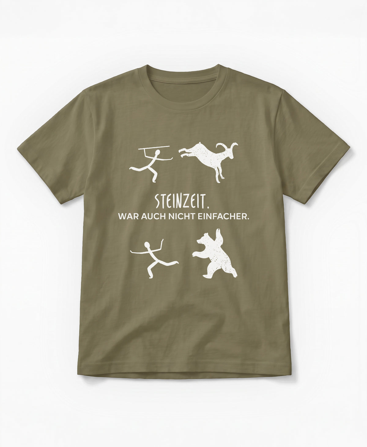 SCHÄFF Steinzeit war auch nicht einfacher Bio T-Shirt in Farbe Khakigrün, mit lustigen Zeichnungen einer Höhlenmalerei