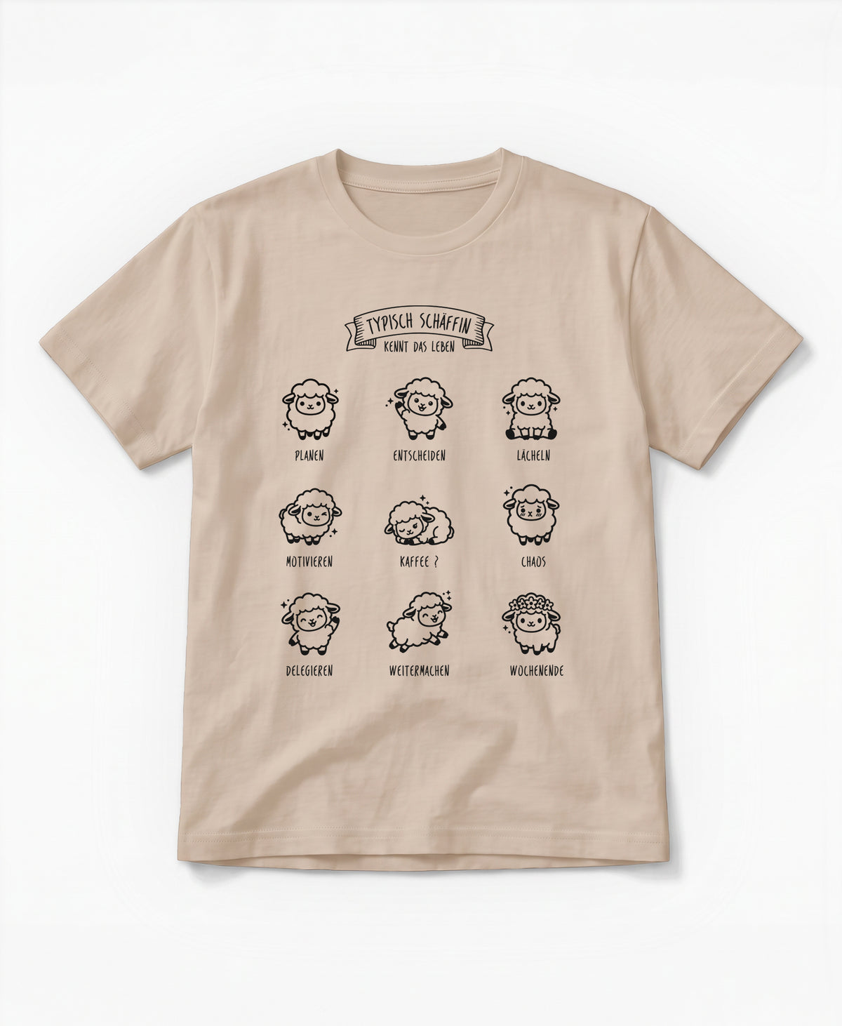 Beiges SCHÄFFIN Typisch Schäffin / Kennt das Leben Schaf Bio T-Shirt mit kleinen Kawaii-Schafen