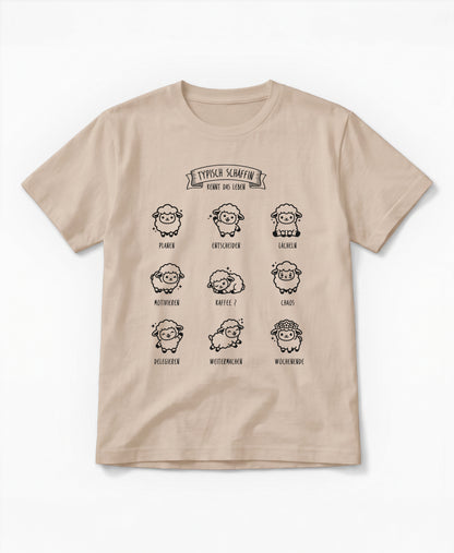 Beiges SCHÄFFIN Typisch Schäffin / Kennt das Leben Schaf Bio T-Shirt mit kleinen Kawaii-Schafen