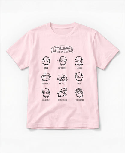 Pinkfarbenes SCHÄFFIN Typisch Schäffin / Kennt das Leben Schaf Bio T-Shirt mit kleinen Kawaii-Schafen