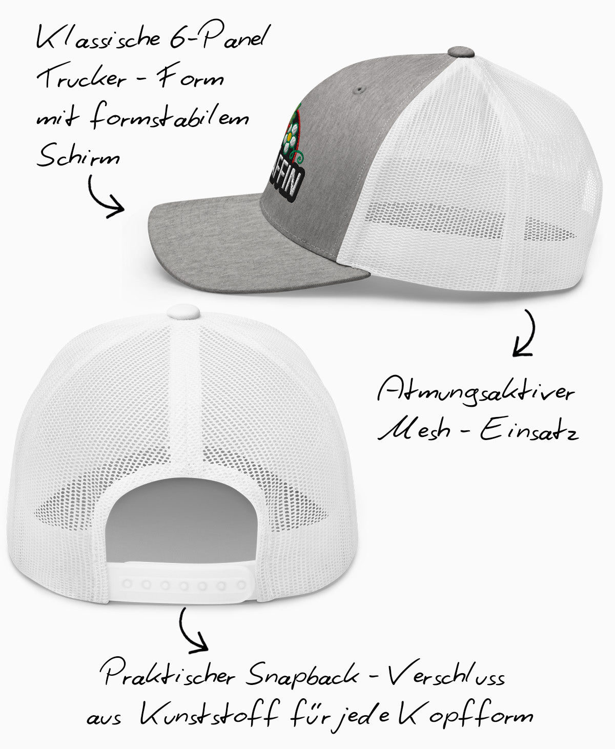 Schäffin Retro Trucker Cap Erdbeere, Innen- und Rückansicht mit Hinweisen auf formstabilen Schirm, atmungsaktiven Mesh-Einsatz und praktischen Snapback-Verschluss.