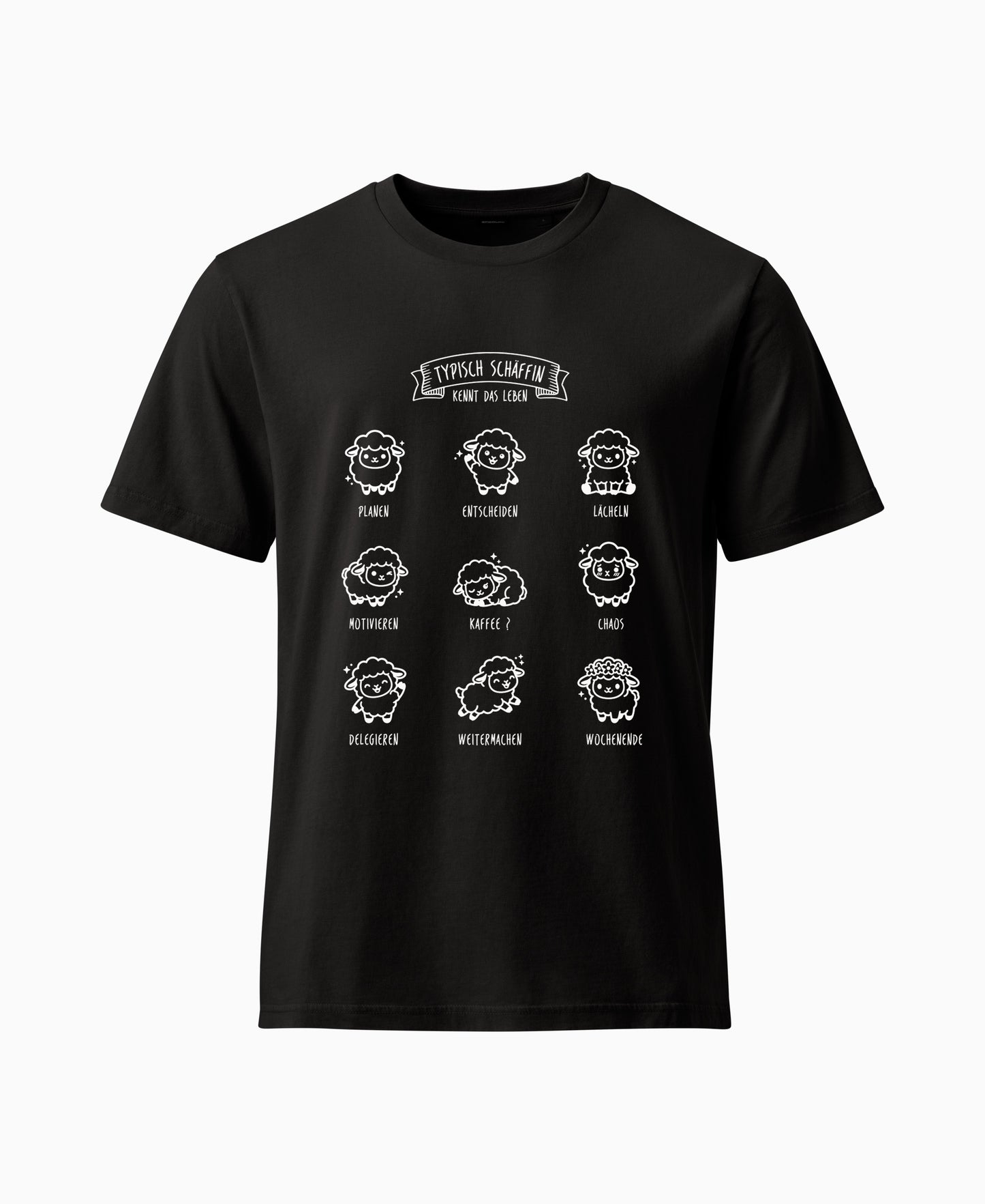 SCHÄFFIN Typisch Schäffin / Kennt das Leben Schaf Bio T-Shirt in Schwarz mit kleinen Kawaii Schafen aus Bio-Baumwolle