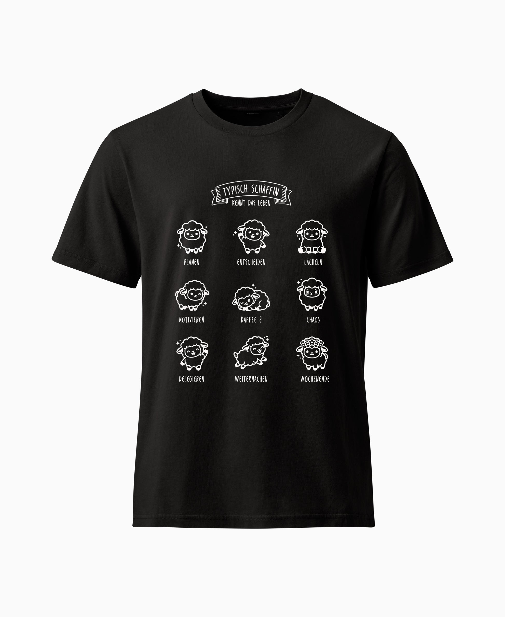 SCHÄFFIN Typisch Schäffin / Kennt das Leben Schaf Bio T-Shirt in Schwarz mit kleinen Kawaii Schafen aus Bio-Baumwolle