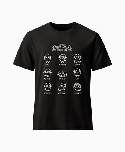 SCHÄFFIN Typisch Schäffin / Kennt das Leben Schaf Bio T-Shirt in Schwarz mit kleinen Kawaii Schafen aus Bio-Baumwolle