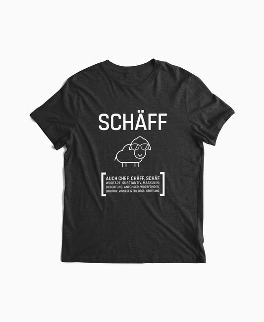 Schwarzes Herren T-Shirt mit SCHÄFF Motiv: witziges Schaf mit Sonnenbrille – Geschenkidee für humorvollen Chef.