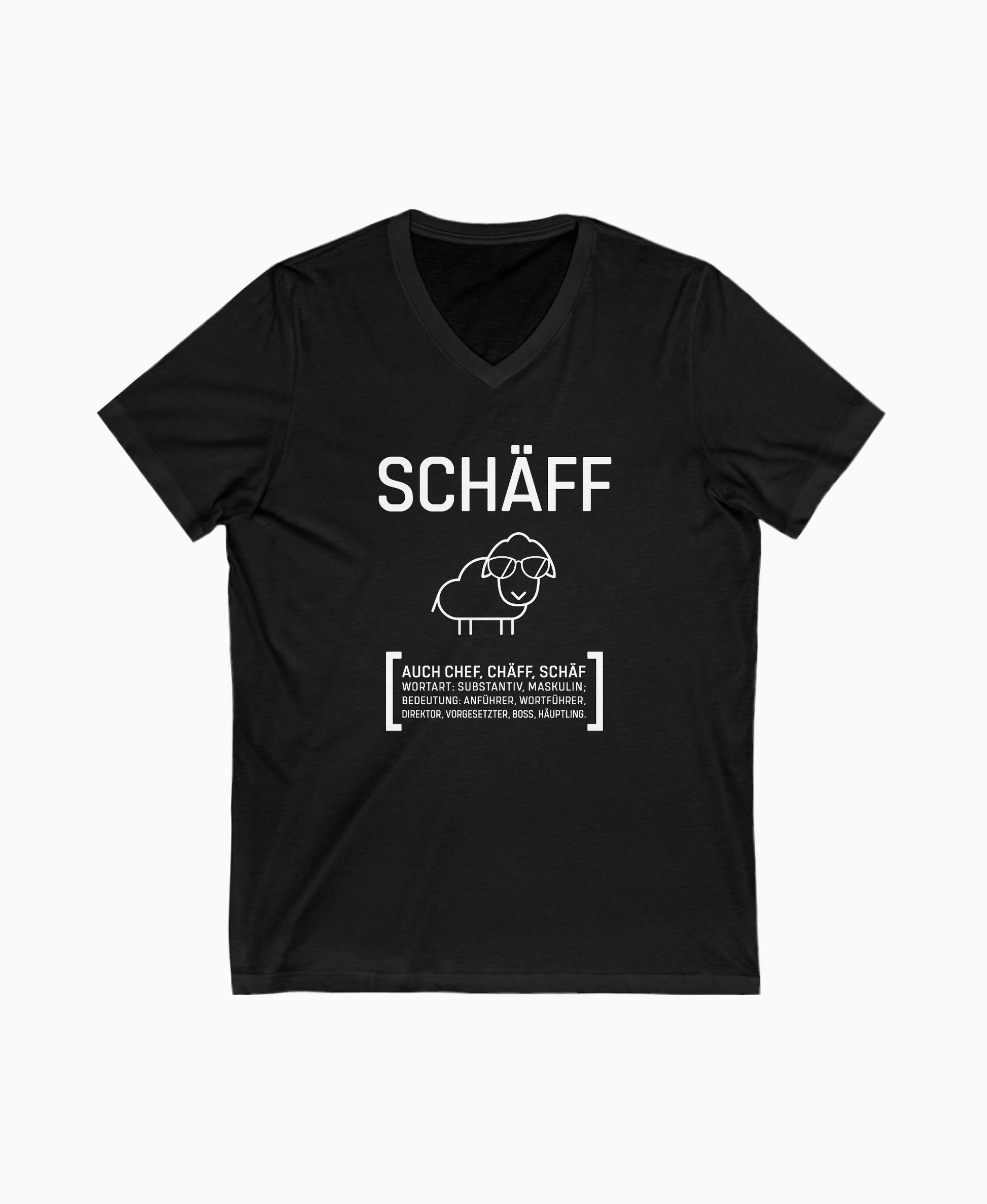 Schwarzes Herren V-Neck T-Shirt mit SCHÄFF Motiv: cooles Schaf mit Sonnenbrille – Geschenk für humorvollen Chef.