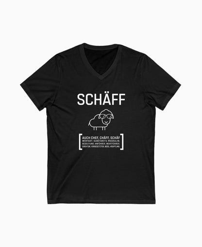 Schwarzes Herren V-Neck T-Shirt mit SCHÄFF Motiv: cooles Schaf mit Sonnenbrille – Geschenk für humorvollen Chef.