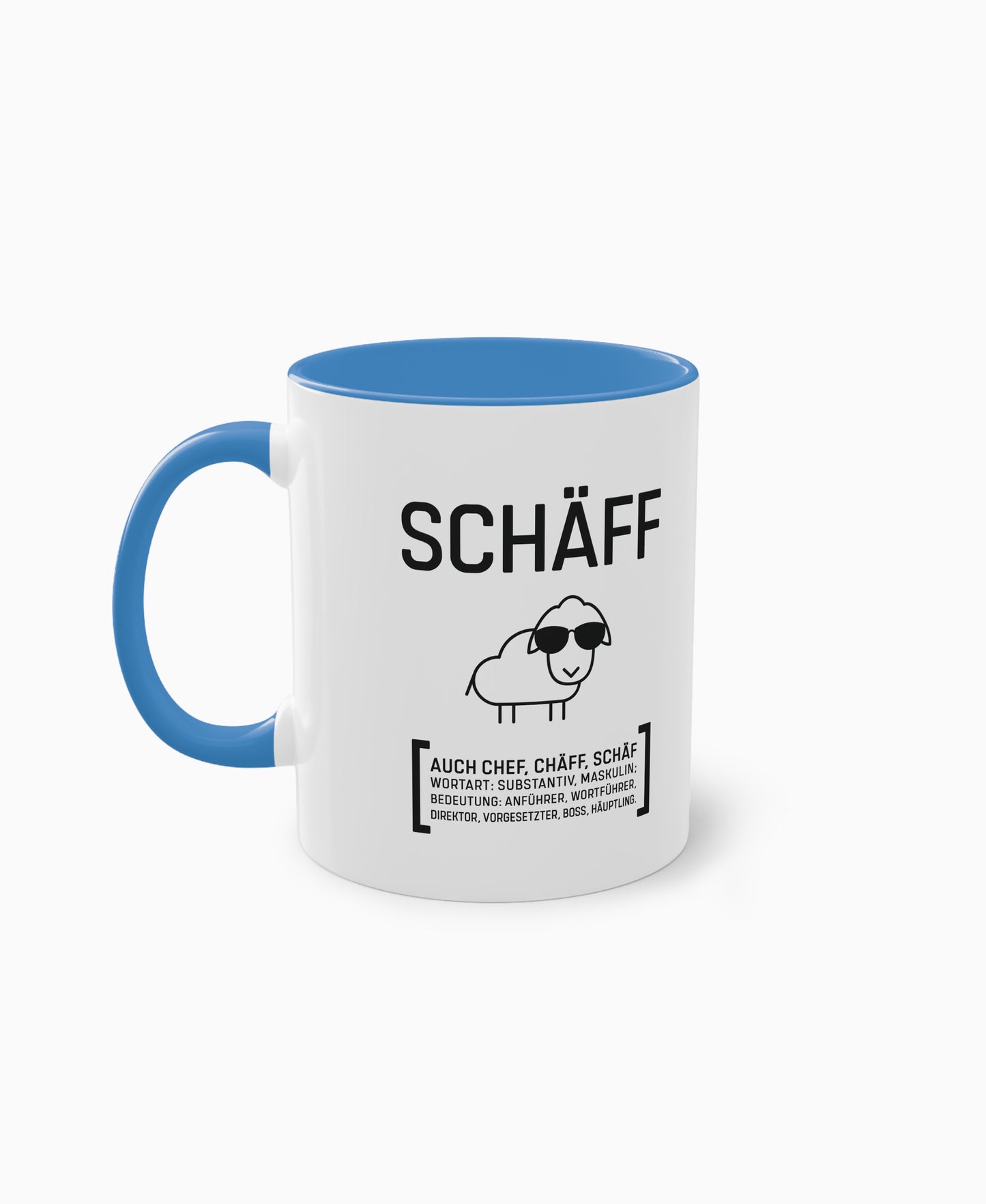 Weiße Keramiktasse mit hellblauer Innenseite und SCHÄFF Motiv – witziges Geschenk für den Chef.