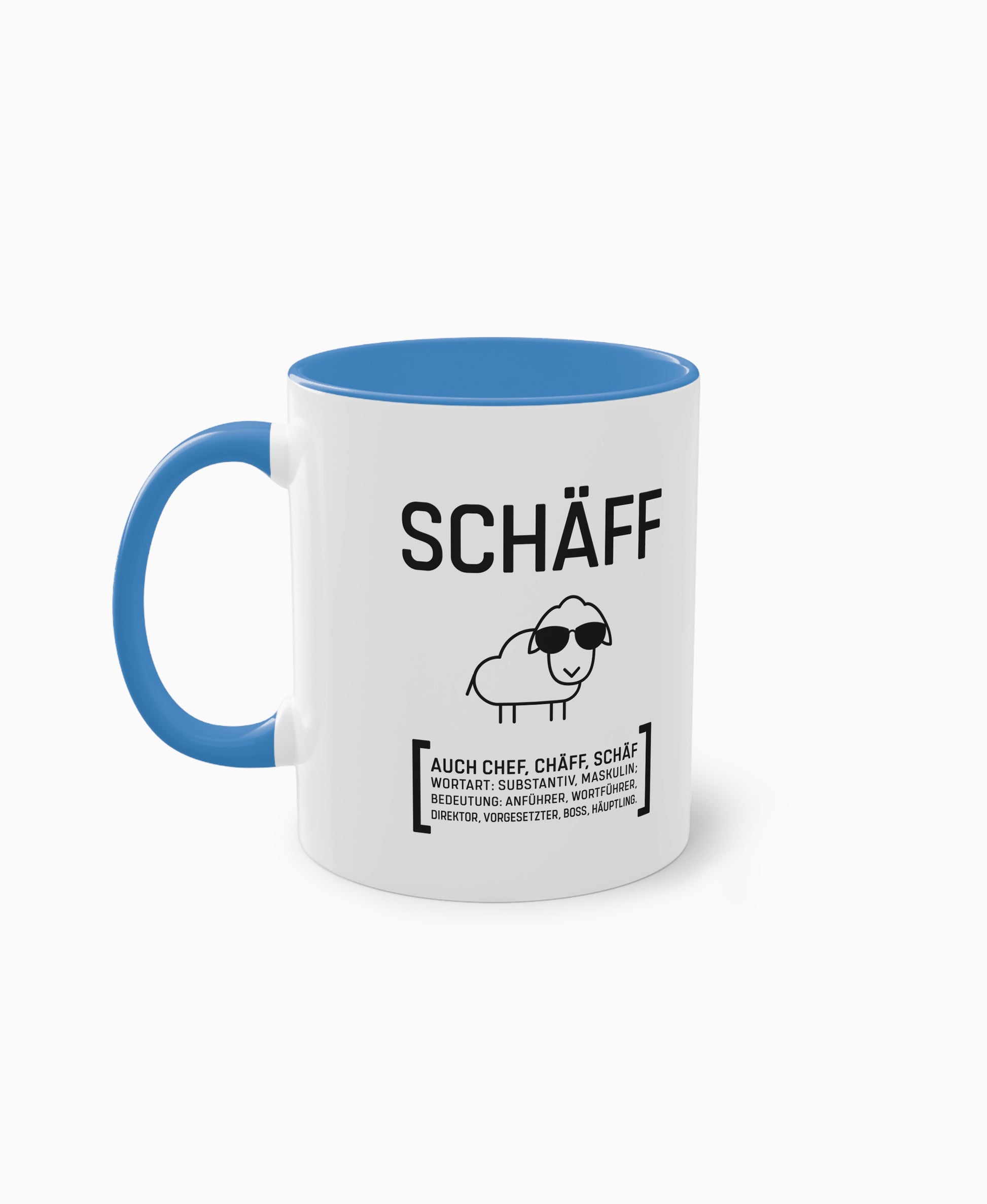 Weiße Keramiktasse mit hellblauer Innenseite und SCHÄFF Motiv – witziges Geschenk für den Chef.