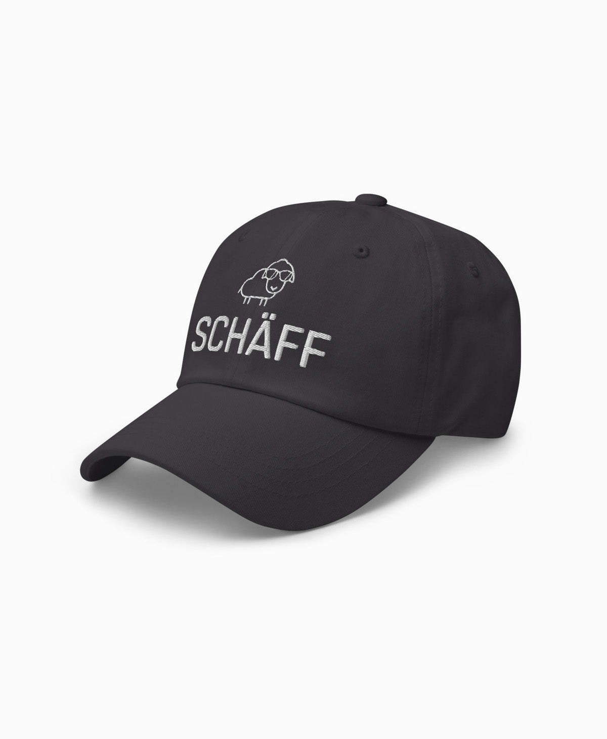 Dunkelgraue Dad-Hat mit SCHÄFF Stickmotiv: Schaf mit Sonnenbrille – dezente Cap für den Chef.