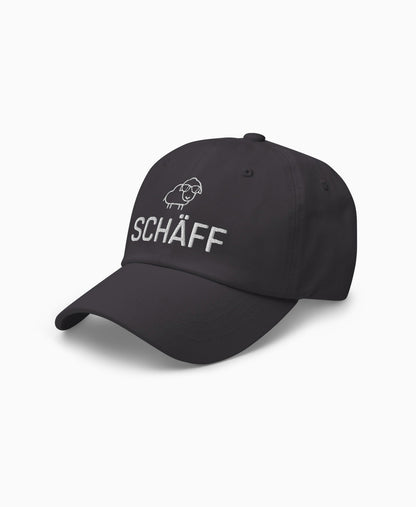 Dunkelgraue Dad-Hat mit SCHÄFF Stickmotiv: Schaf mit Sonnenbrille – dezente Cap für den Chef.