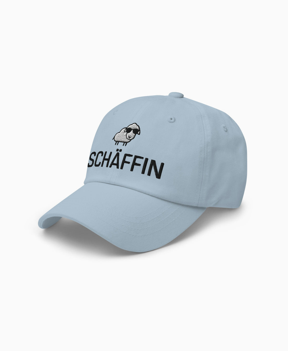 Hellblaue Dad-Hat mit SCHÄFFIN Stickmotiv: Schaf mit Sonnenbrille – lässige Cap für die humorvolle Chefin.