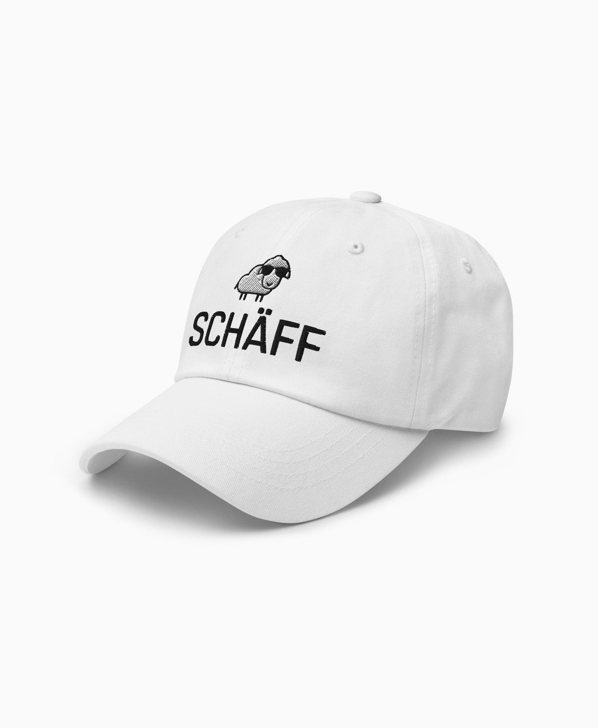 Weiße Dad-Hat mit SCHÄFF Stickmotiv: cooles Schaf mit Sonnenbrille – stylische Cap für den Chef.