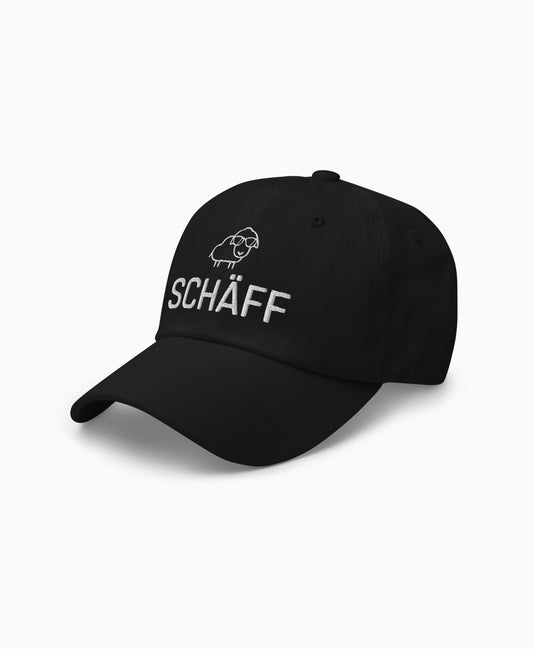Schwarze Dad-Hat mit SCHÄFF Stick: cooles Schaf mit Sonnenbrille – stylische Cap für den Chef.
