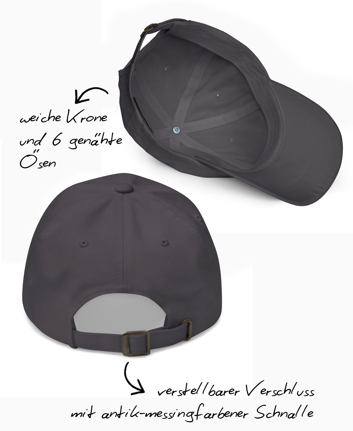 Schäff Dad-Hat Innen- und Rückansicht mit Hinweisen auf weiche Krone, 6 Ösen und verstellbare Schnalle in Antik-Messing.