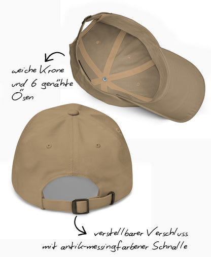 Schäffin Dad-Hat Innen- und Rückansicht mit Hinweisen auf weiche Krone, 6 Ösen und verstellbare Schnalle in Antik-Messing.